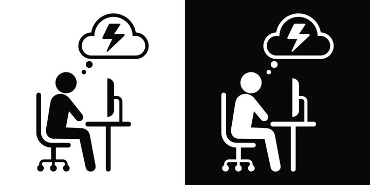 Businessman working on a desktop computer under a storm cloud, symbolizing high work pressure or a breakthrough idea.