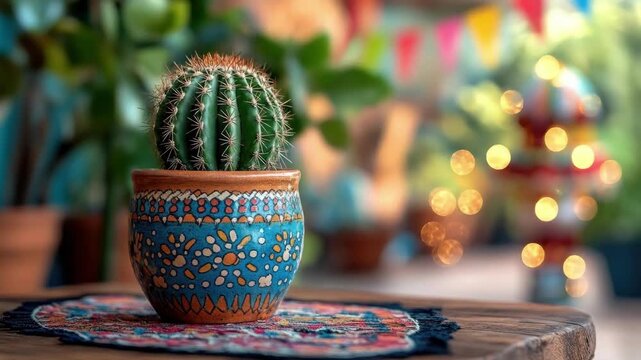 Colorful hand-painted pot with cactus in vibrant garden setting. Cinco de Mayo, Battle of Puebla Day, Mexican Heritage Festival - Latin American Cultural Celebration