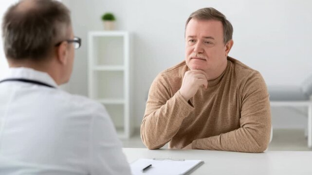 Middle-aged man consulting doctor during healthcare appointment sitting at desk discussing health issue in medical office