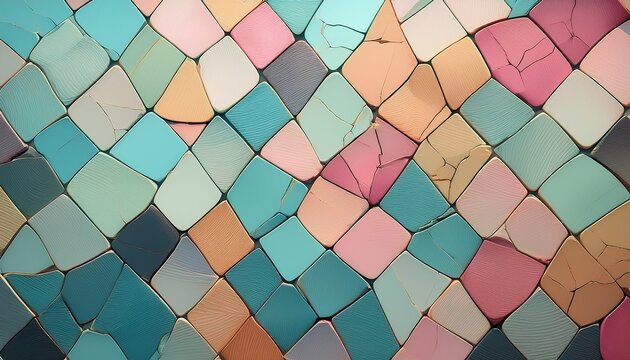 abstract geometric pattern of cracked pastelcolored tiles
