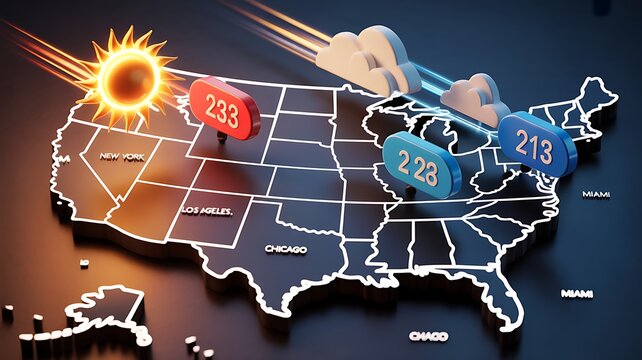 Animated Weather Forecast Map Template Displaying US States With Temperature Widgets, Sun and Cloud Icons, Flowing Wind Arrows, and City Labels for Broadcast Meteorology Reports. 