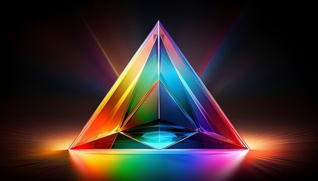 a triangular prism refracting light into a spectrum of colors