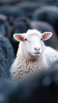 One unique white lamb standing in a large flock of dark sheep. Concept of being different, individuality, leadership, and nonconformity