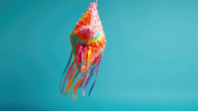 Colorful star pinata with ribbons hanging against blue background. Cinco de Mayo, Battle of Puebla Day, Mexican Heritage Festival - Latin American Cultural Celebration
