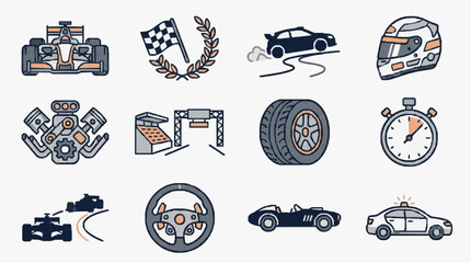 Industrial Set of Monochromatic Racing and Automotive Icons with Orange Accents with high quality professional line art symbols for modern creative design and digital branding projects © Ken