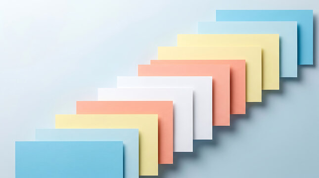 Staircase pattern of stacked colorful rectangular note cards on light blue background