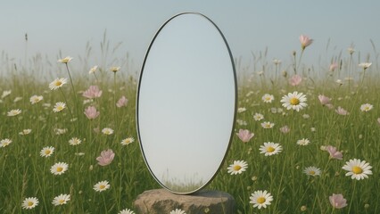 Obraz premium Mirror amidst daisies and grass.