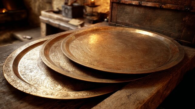 Antique Decorative Metal Platter Set on Rustic Wooden Table