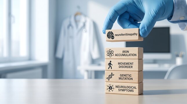 Gloved hand stacking wooden blocks with neuroferritinopathy iron accumulation movement disorder genetic mutation neurological symptoms