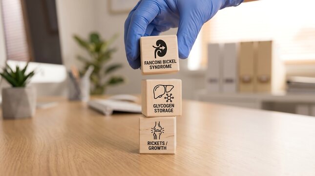 Hand in blue glove placing wooden blocks with medical terms on a desk in office