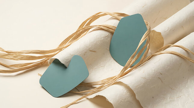Teal paper shapes and raffia ribbon on textured off-white paper