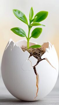 Conceptual video illustrating new beginnings and growth. A green sprout emerges from a cracked egg, symbolizing hope and fresh starts