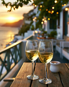 White Wine Glasses at Mediterranean Sunset &ndash; AI Generative