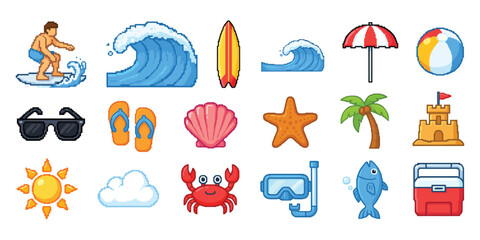 Obraz premium Pixel Art Icons Featuring Summer Beach Elements with Surfer, Wave, Sun, Palm Tree, Sandcastle, Crab, and Retro 8 Bit Game Style