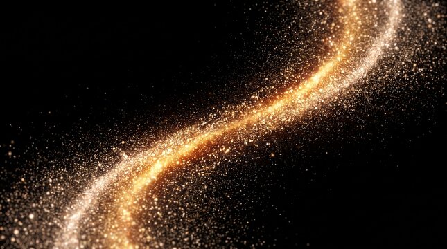 A sharp crisp cascading golden stardust trail twisting into an S-curve shape with thousands of brilliant micro sparkles