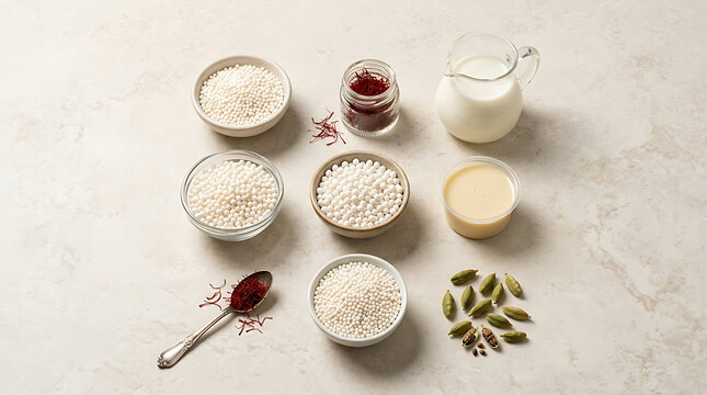 Tapioca pearls, saffron threads, cardamom pods, milk, and condensed milk ingredients