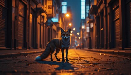 Obraz premium Alert Fox Standing in Rainy City Alley