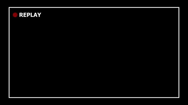 A minimalist video playback interface element featuring a small, dark red circular record button positioned to the left of the word REPLAY in bold white capital letters, all enclosed within a