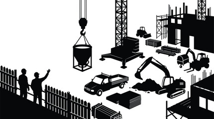 Obraz premium Construction site silhouette vector illustration with engineers building structure heavy machinery crane excavator truck and industrial equipment