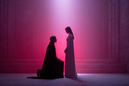 man kneeling in front of a throne, red lighting illuminates them inside a gothic cathedral