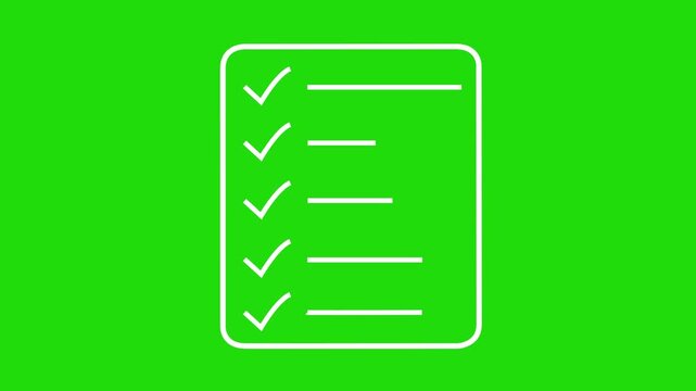 A clean graphic representation on a bright green background, showcasing a white outline of a rounded square box filled with a vertical list of five white checkmarks and five corresponding