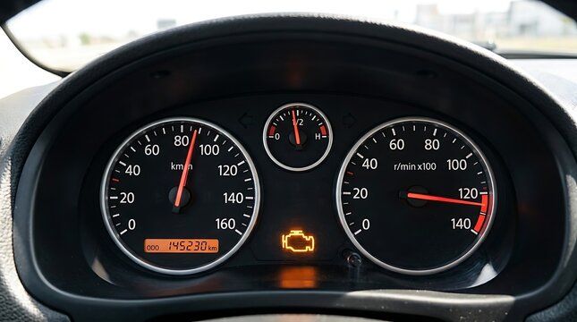 Close-up of illuminated car dashboard gauges showing speedometer and tachometer