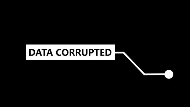 A clean white rectangular callout box displaying the bold black sans-serif text DATACORUPTED is presented against a deep black background, with a simple white line extending from the
