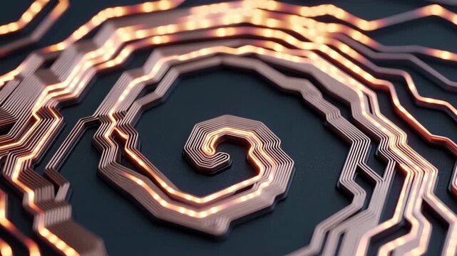 Close-up layered copper circuit traces forming concentric octagonal spiral with glowing inner edges and surrounding arc bands on dark matte board, abstract technology pattern