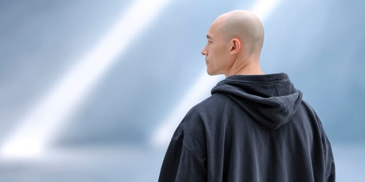 a man with a bald head wearing a black hoodie, in the middle of an empty room illuminated by light beams