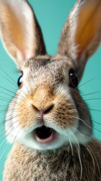 Surprised rabbit screaming or yawning with wide open mouth against a turquoise background. Close up portrait of a funny bunny