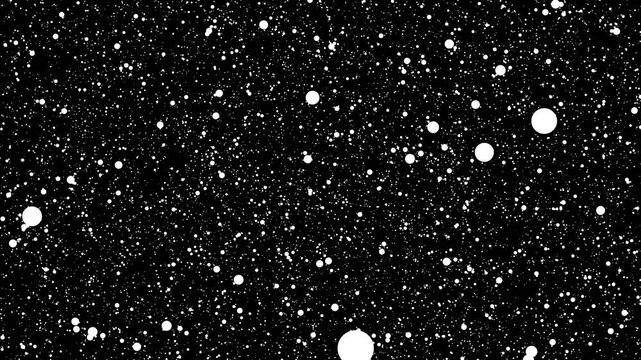 A densely packed abstract background composed of numerous small and medium-sized white dots of varying sizes scattered randomly across a completely black canvas, resembling a starry night sky or
