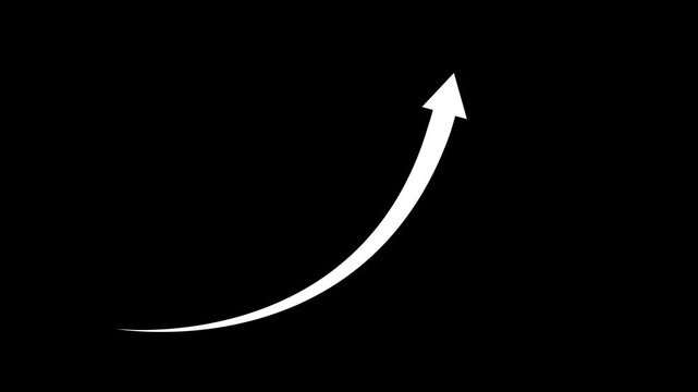 A dynamic white upward curving arrow with a subtle trail effect originating from the bottom left corner against a deep black background symbolizing growth and progress