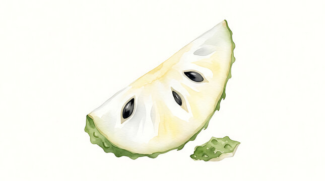 Watercolor of a soursop fruit slice with creamy flesh and black seeds