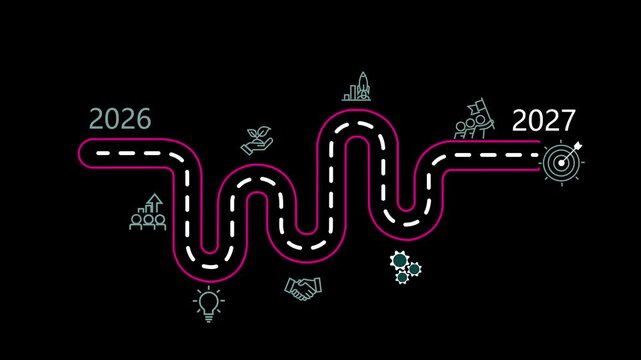 A vibrant pink winding road timeline graphic from 2026 to 2027 showcasing business growth milestones with a lightbulb handshake team gears rocket and target on a black background