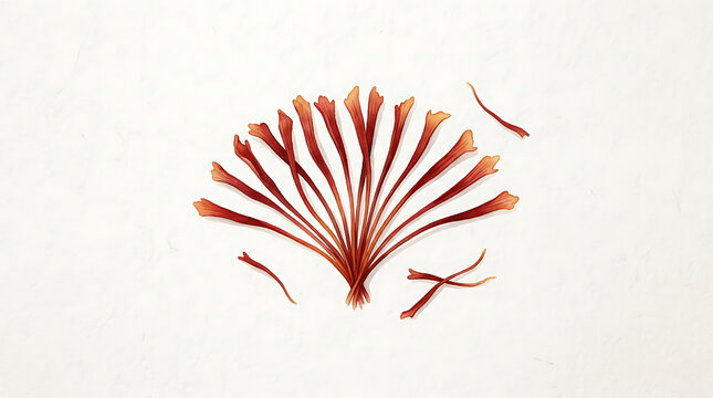 Watercolor of red saffron threads arranged in a fan shape
