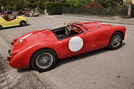 Vintage racing car MG A 1600 Roadster at a classic car rally Raduno Colline di Cristallo, on May 1, 2013 in Borgo Rivola, RA, Italy