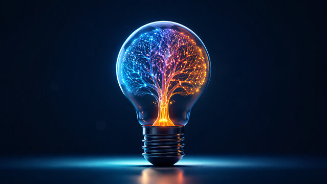 Glowing Light Bulb with Glowing Digital Brain Tree Inside on Dark Background, Artificial Intelligence, Innovation, Creativity, Neuroscience, Machine Learning, Mental Health Concepts