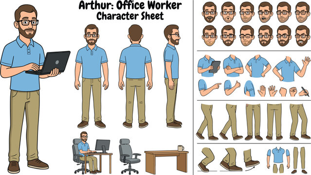 Office worker character sheet vector animation kit with man poses expressions gestures laptop desk and creation elements