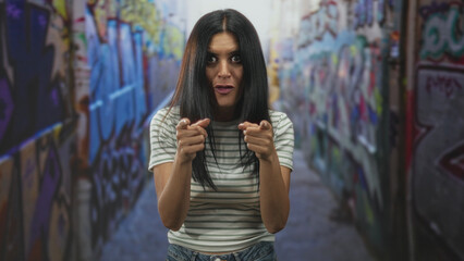Naklejka premium Woman pointing both fingers with bare hands in graffiti street alley, direct gaze and open mouth; playful confidence.