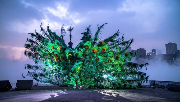 Oversized peacock feather cape shimmering with bioluminescent green patterns on an outdoor stage at dusk, capturing a cinematic fantasy mood for theatrical performances and creative banners.