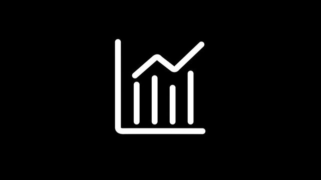 A minimalist white line art icon representing a financial bar chart with an upward trending line graph superimposed on a solid black background, symbolizing growth and data analysis