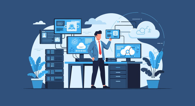 Flat vector illustration of a male cloud computing engineer monitoring digital infrastructure on multiple screens and server racks in a modern data center office environment.