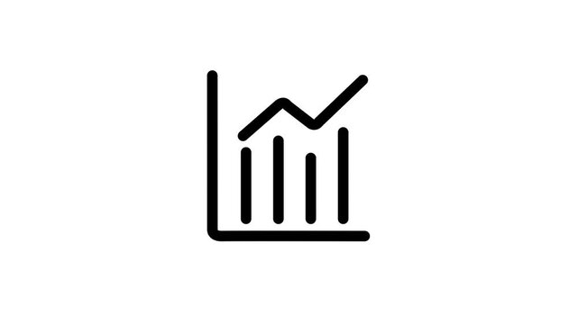 A clean black line art icon illustrating a financial bar chart with an ascending line graph on a plain white background, representing business analytics and positive economic performance