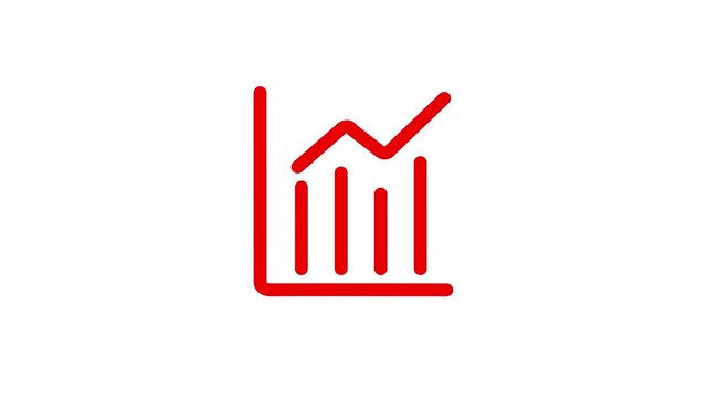 A vibrant red line art icon depicting a financial bar chart with a rising line graph on a clean white background, symbolizing positive financial performance and business growth