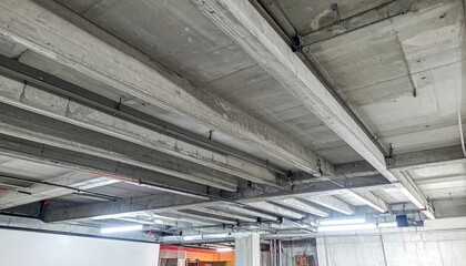 Obraz premium Reinforced concrete basement ceiling showcasing robust structural beams and protective layers, essential for modern building infrastructure.