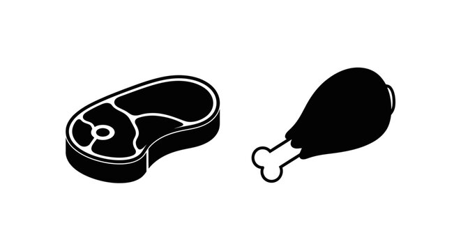 Raw steak and chicken leg icons isolated on white background.