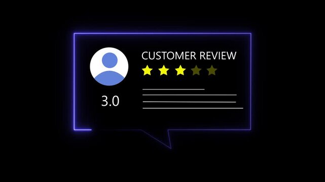 A neon blue speech bubble on a black background showcasing a customer review with a profile icon, the score 3.0, three full yellow stars, and two empty stars, representing an average rating and