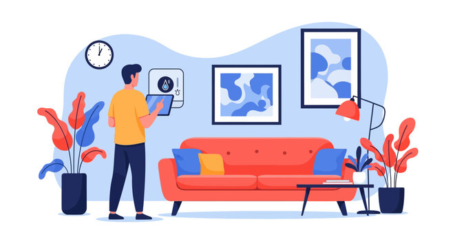 Vector illustration of a man using a digital tablet to control a wall-mounted smart home thermostat in a modern living room with a red sofa, indoor plants, and wall decor.