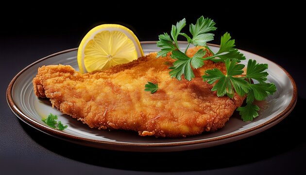 delicious breaded wiener schnitzel with lemon and parsley isolated generative ai generativ ki