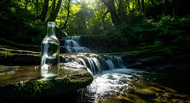 Glass water bottle standing on mossy rock by a waterfall in a sunlit forest for natural purity